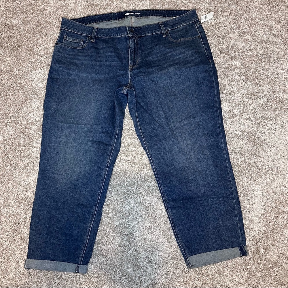 Blue Cuffed Boyfriend Straight Leg Jeans, 18 Plus